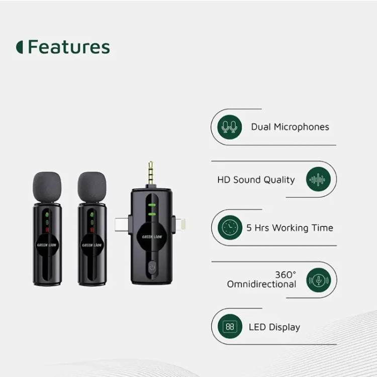 ست میکروفن بیسیم گرین لاین GM-80X | اتصال ۳گانه لایتنینگ + AUX + USB | کیفیت استودیویی
