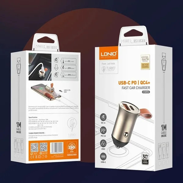 شارژر فندکی الدینیو مدل C509Q pd 20w به همراه کابل USB-C