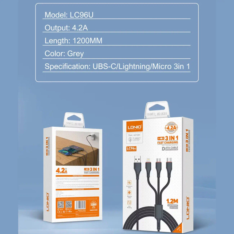 کابل 3 سر الدنیو LDNIO مدل LC96U جریان 4.2 آمپر 1.2 متریA